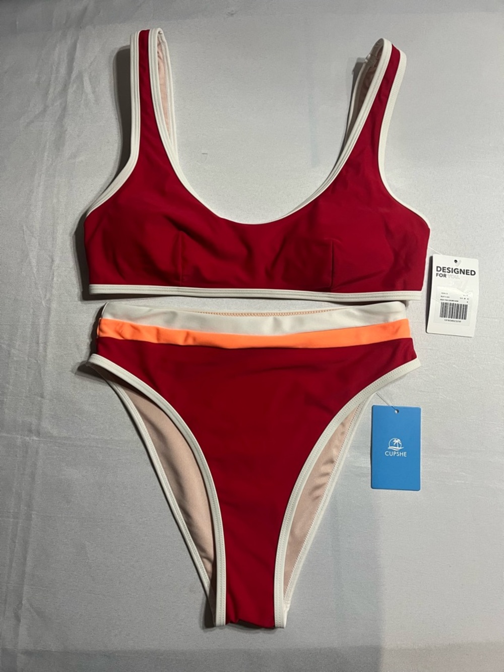 Cupshe Red/Cream Women’s Small 2 Piece Bikini Set High Rise Cheeky Bottoms - Picture 3 of 9